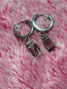 Sterling Silver Hoop Earrings with Pink CZ Gem Dangle